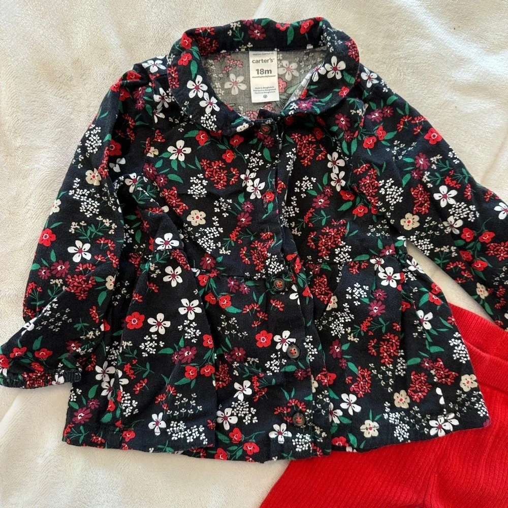 Carter's 18m Floral Print Button Front Shirt & Red Ribbed Leggings Set Baby Girl